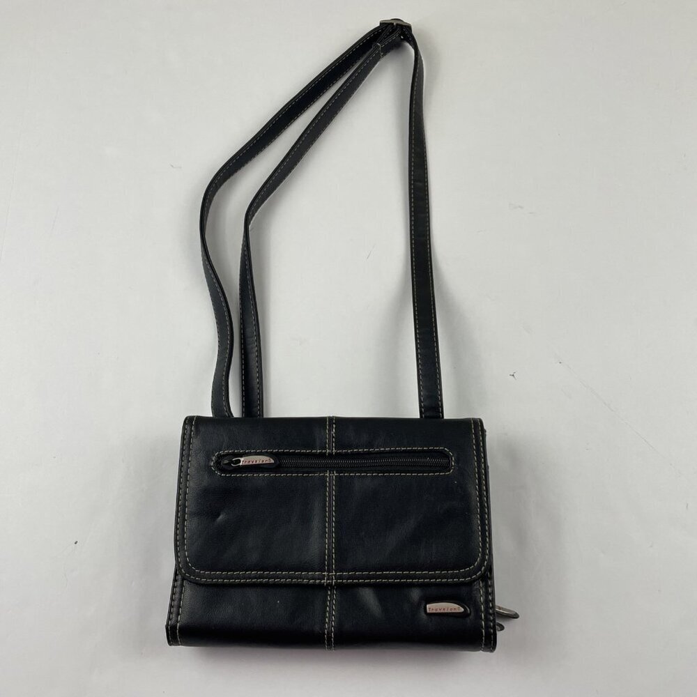 Travelon Crossbody Shoulder Purse Leather Blend Front Flap Multi Pockets Slots